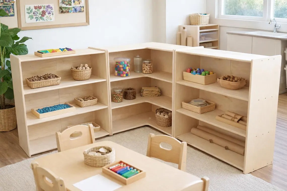 USA-made Jared three-piece Baltic birch corner shelf set for a children’s playroom
